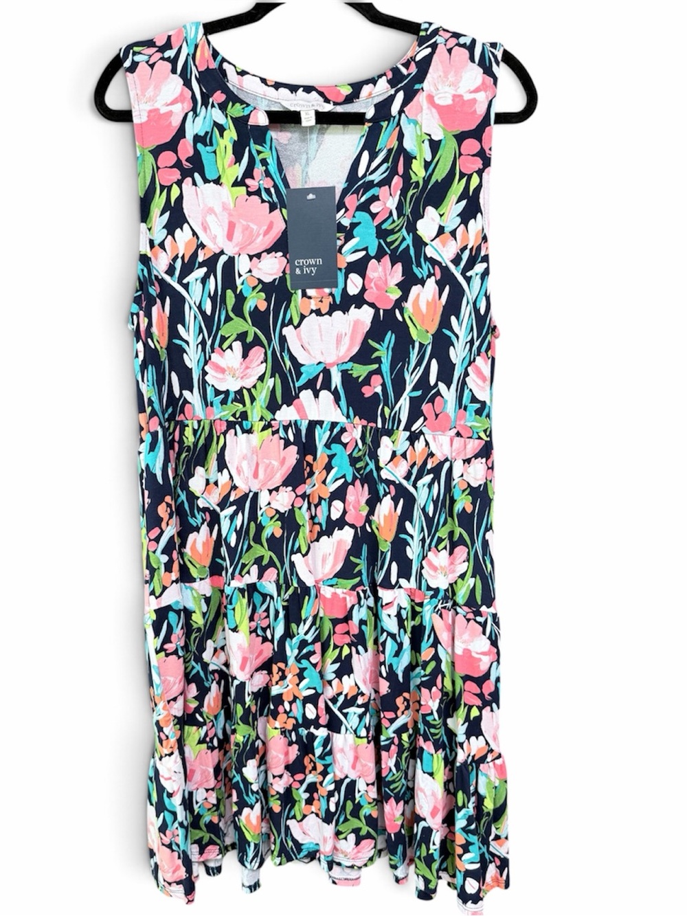 crown & ivy Navy Floral Tiered Maxi with Pink and Green Blooms